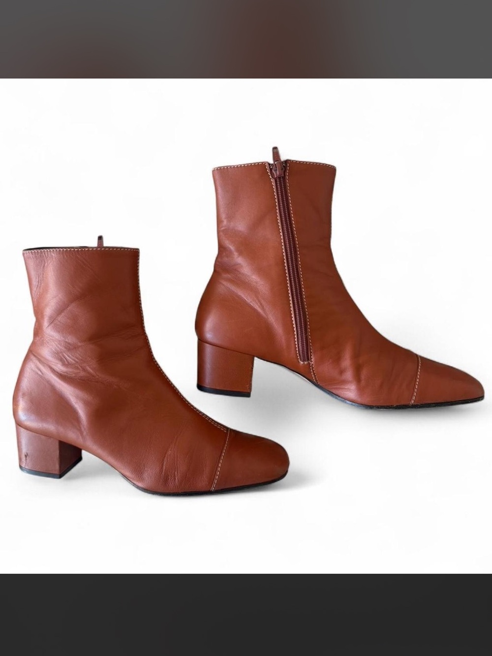 STAUD Stella Cognac Leather Zip Ankle Boots with Block Heel
